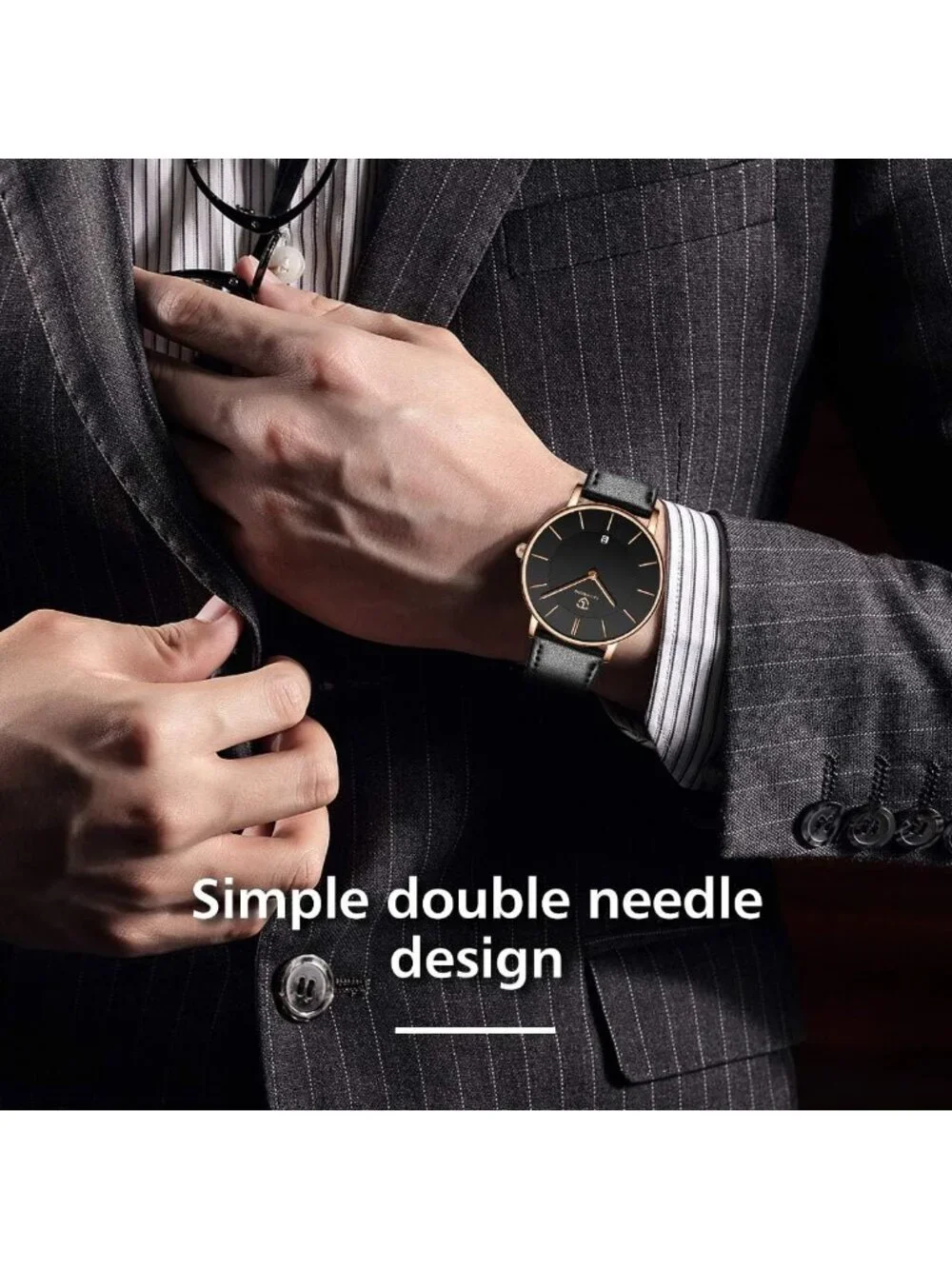 Men's All Black Leather Strap Analog Minimalist Fashion Simple Round Wrist Watch